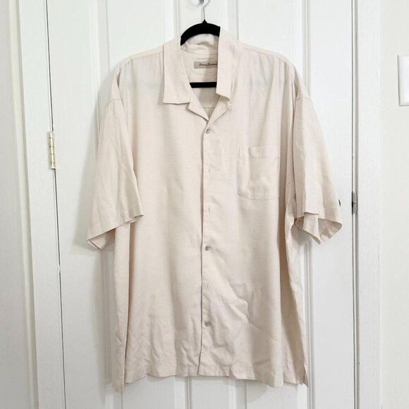 Men Tommy Bahama 100% Silk Short Sleeve Button Down Casual Shirt  Off White XXL - Picture 1 of 8